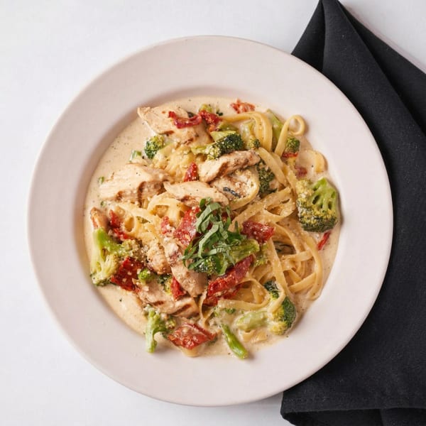 Creamy chicken fettuccine pasta with broccoli, sun-dried tomatoes, and fresh basil on a white plate.