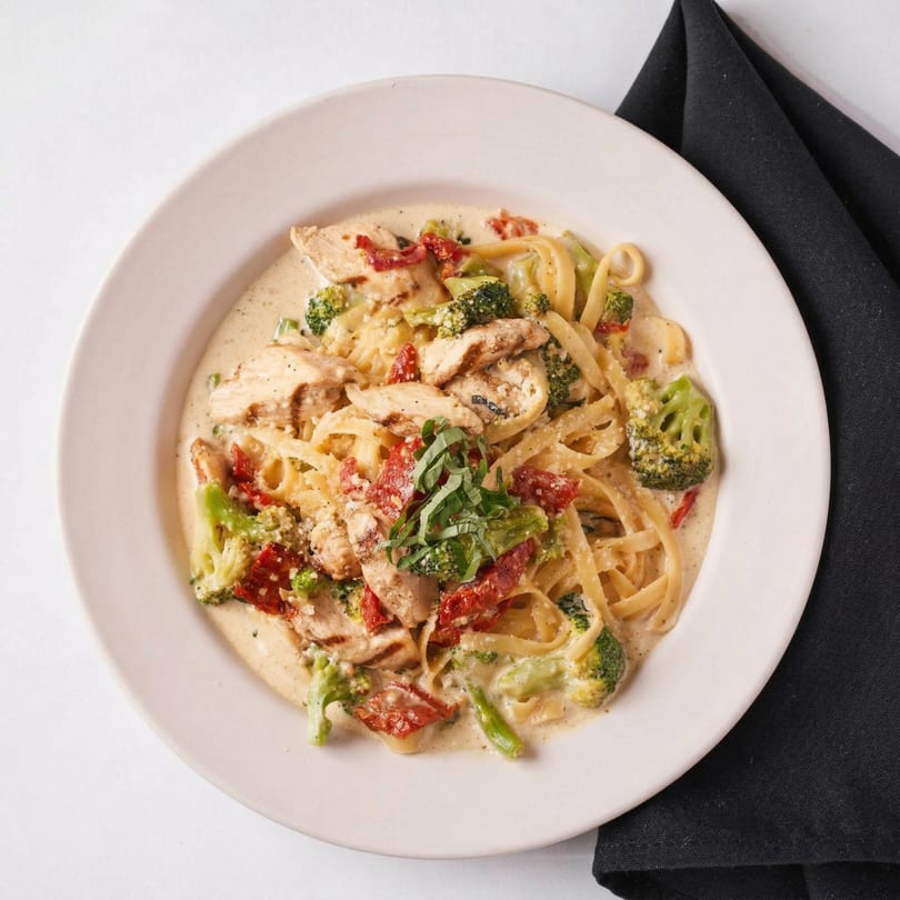 Creamy chicken fettuccine pasta with broccoli, sun-dried tomatoes, and fresh basil on a white plate.