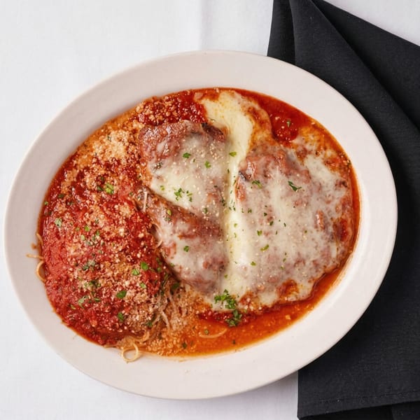 Chicken Parmesan with spaghetti, red sauce, melted mozzarella, and grated cheese on a white plate.