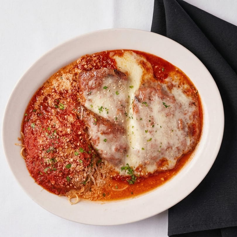 Chicken Parmesan with spaghetti, red sauce, melted mozzarella, and grated cheese on a white plate.