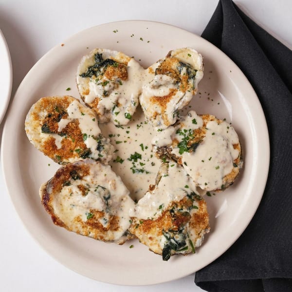 Six baked oysters with creamy white sauce, breadcrumbs, and parsley on a white plate.