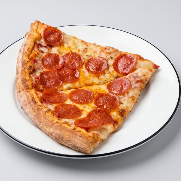 Two slices of pepperoni pizza with melted cheese on a white plate with a black rim.