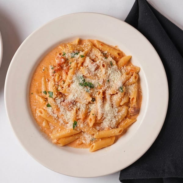 Penne pasta in a creamy tomato sauce, topped with grated cheese and parsley, on a white plate.
