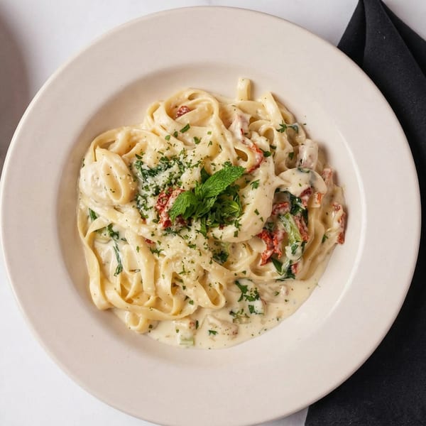 Creamy fettuccine alfredo with sun-dried tomatoes, spinach, and fresh mint on a white plate.