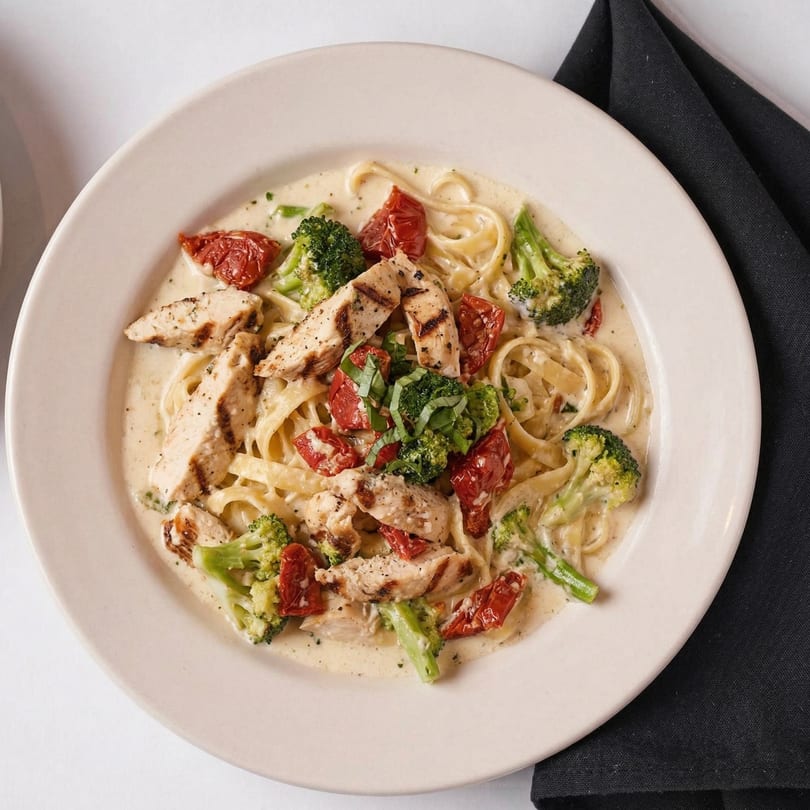 Creamy fettuccine pasta with grilled chicken, sun-dried tomatoes, broccoli, and fresh basil.