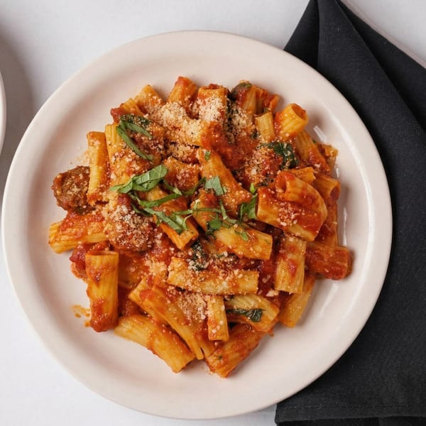 Rigatoni pasta with red sauce, meatballs, Parmesan cheese, and fresh basil on a white plate.